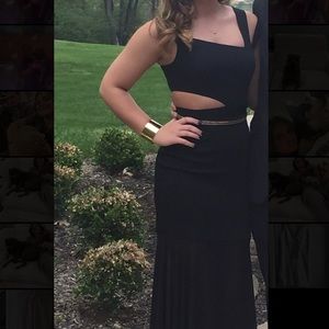 Long Black BCBG Gown with slit at the waist